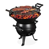 Relaxdays Grillfass, Gusseisen und Stahl, höhenverstellbar, tragbar, Barbecue Holzkohlegrill, Grillrost Ø 35 cm, schwarz, 39 x 46 x 36
