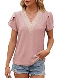 HANERDUN Damen Bluse Kurzarm Shirt Boho V-Ausschnitt Elegant Oberteil Gerüschte-arm Sommer T-Shirt Casual Tops Hohle Bequem und atmungsak