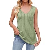 Damen Tank-Top Sommer Ärmellose Tanktops 2025 Tank Tops mit Taschen V-Ausschnitt Lässig Neu Tunika Basic Oberteile Top Gerippte Weste Shirts Casual Blusenshirt Freizeitkleidung(Minzgrün,S)