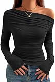 TrendiMax Damen Langarmshirt Elegant Stretch Pullover Slim Fit One Off Shoulder Oberteil Langarm Tshirts Crop Top Schulterfrei Asymmetrischer Y2k Enge Tops Sexy (XL, Schwarz)