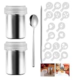 Kakaostreuer Edelstahl 304 Puderzuckerstreuer 2Pcs Mehlstreuer mit Deckel Pulverstreuer Schokoladenstreuer mit 16 Pcs Kaffee Cappuccino Schablonen, Coffee Art Pull Pin, Rührlöffel E