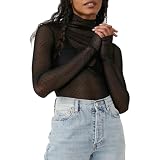 Caziffer Damen-Unterhemd mit Spitze, langärmelig, durchsichtig, Netzstoff, Stehkragen, Y2K, Spitze, Blumenmuster, durchsichtig, Hemdbluse, schwarz mit punkten, M