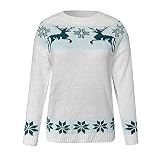 Weihnachtspullover Damen Strick, Ugly Christmas Sweater Langarmshirt Frauen|Weihnachtspulli Damen Rundhals mit Rentier Weihnachtsmotiv Hässliche Weihnachts Pullover Strickpulli Rot O