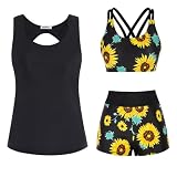 3-Teiliger Tankini Damen Bauchweg Bademode Set Sport Badeanzug Push Up Blumen Drucken Wickeloptik Crossover Tankini Bikinioberteil mit High Waist Badeshorts Sommer Badeanzüge Strandmode Sw