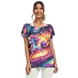 RPLIFE Sommer-T-Shirt mit Katzenmotiv, Schmetterlingsflügel, Pfirsichblüte, schulterfrei, Fledermausblusen für Damen, Größe S-XXL, Niedliches Einhorn im Weltraum Galaxie, M