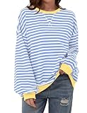 TERIVEEK Damen-Sweatshirt, Oversize, gestreift, Farbblock, langärmelig, Rundhalsausschnitt, lässig, locker, Y2K-Shirt, blau / weiß, S
