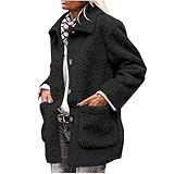 Generisch Fleecejacke Damen Winterjacke mit Taschen Strickjacke Winter Sweatjacke Einfarbig Flanellhemd Baumwolle Wintermantel Frauen Mantel Jacke Revers Oberteile Blitzangebote Schwarz XL