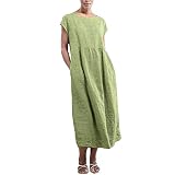 Generisch Leinenkleid Damen Sommer - Kleid Kurzarm -Sommerkleid Lang Bequeme Lockeres Baumwolle Leinen Kleider Maxikleid Einfarbig Atmungsaktiv Lässiges Vintage Freizeitkleid Blusenk