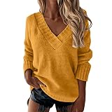 YCBMINGCAN Damen Pullover Elegant einfarbiger Langarm-Mode-Pullover mit V-Ausschnitt Fleecepullover Damen Weiß (Yellow, XXL)