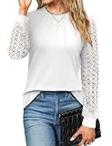 Zeagoo Damen Spitzen Langarmshirt Rundhal Fashion T-Shirts Elegante Langarm Lässig Bluse Herbst und Winter und Winter Tops Einfarbig Oberteile Fashion Tops Weiß M
