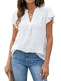 Blooming Jelly Damen Weiß T-Shirts Chiffon Bluse V Hals Ruffle Sleeve Sommer Top
