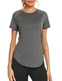Wayleb Sport T-Shirt Damen Kurzarm Rundhals Sportshirt Back Mesh Sport Longshirt Oberteile Leichtes Atmungsaktives Funktionsshirt Locker Fitness Laufshirt, Dunkelgrau S