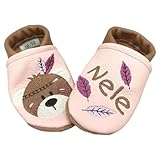 Generisch Zwucki Krabbelschuhe Lauflernschuhe Lederpuschen mit Name personalisiert Geschenk Geburt Taufe Geburtstag Mädchen Junge Baby Indianer Bär (Rosa)