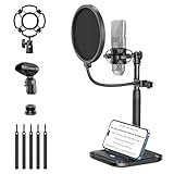 Tisch Mikrofonständer mit Handyhalterung, 2 in 1 Verstellbar Mikrofon Tischstativ mit Pop-Filter, Schockhalterung, Mikrofonclip, 3/8' auf 5/8' Schraubenadapter für Blue Yeti Snowball Ice andere Mik
