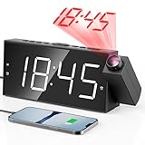 Projektionswecker für Schlafzimmer, Digitalwecker mit großer 7' LED-Anzeige, Dimmer, 180° Projektor, USB-Ladegerät, 12/24 H, DST, Snooze, Batterie Backup, Schreibtisch Wand Deckenuhr fü