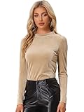 Allegra K Damen Velvet Oberteil Langarm Stehkragen Einfarbig Dehnbarer Samt Bluse mit Streifen Khaki S