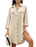 Tuopuda Kleider Damen Sommer T-Shirt Langarm Sonnenschutz Langarmshirts Longshirt Strandhemd Bademode Hemd Freizeitkleid Beachwear Long Sleeve Swimsuit Cover Ups, Beige, M