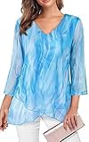 SHEKINI Damen-Tunika, V-Ausschnitt, 3/4-Ärmel, Bluse, doppellagig, Kreuzsaum, locker, fließend, Sommer-T-Shirt, Größe S-3XL, himmelblau, S