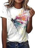 Damen Oberteile Sommer Tshirt Kurzarm Bluse mit Rundhalsausschnitt Bunte Blumen Drucken T-Shirt Tee Tops Pullover Teenager Mädchen Pulli Tunika Shirt Freizeit T Shirts Longbluse für F