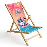 Ferocity Kinder Holz-Liegestuhl Personalisierbar Klappbar Klappliegestuhl Sonnenliege Strandstuhl Wechselbezug Motiv Katze Chill [119]
