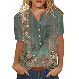 TRIGLICOLEUM Bluse Damen Kurzarm T-Shirt Oberteile Bunte Blumenmuster Druck Tunika Shirt Lose Knöpfe mit Kragen Sommershirts Mode Kurz Ärmel Blumen Bluse Tshirt Blusenshirt Blusentops, #07 Armeegrü