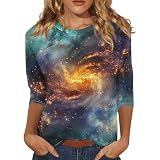Galaxy Tshirt Damen Elegant 3/4-Ärmeln Shirts Galaxie Bedrucken Shirts Glitzer Shirts Bluse Modische Sternenhimmel Sommer Shirts Rundhals Kurzarm Oberteile Tops für Karnevalskostüme Grün XXL