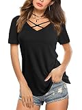Beluring Sommer Tops Schnürung Vorne T-Shirt Für Damen Kurzarm Einfarbig Bluse Schwarz XXL