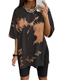 Eunike Oversized Tshirt Damen Kurzarm Workout Batik Shirt Loose Bluse Longshirt Sommer Tunika Locker mit Schlitzen schwarz-braun L