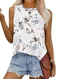 WNEEDU Damen Tank Top Sommer - Ärmellose Oberteile Plissee Rundhals Blusentop T Shirt Tops(Weiße Blume M)