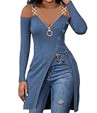 ORANDESIGNE Langarmshirt Damen V-Ausschnitt Eng Basic Schulterfrei Oberteil Bluse Elegant T-shirt Longshirt mit Reiferschloss Tunika Longbluse Casual Sweatshirt mit Zip Blau XS