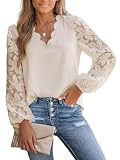 CUPSHE Damen Blusen V-Ausschnitt Wellenkante Floral Spitzenärmel Langarmshirt Lässige Spitzen Oberteile Tunika Bluse Tops Aprikose L