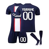 PSG Fußball Trikot Set für Kinder, Individuell personalisierbar mit Wunschname & Nummer, Atmungsaktiver schnelltrocknender Sportstoff, Sport Komplett-Set bestehend aus Trikot, Shorts & Sock