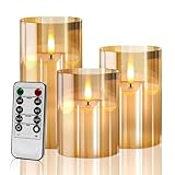 Led Kerzen mit Timerfunktion, Golden Glas flammenlose Kerzen Flackern mit Fernbedienung, Realistische Warme Lichtkerze, Bad Deko, Deko Wohnzimmer, Tischdeko Wohnzimmer, Set von 3