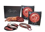 Iberisches Set: Iberischer Köderfilet + Iberische Wurst und iberische Eichelwurst + 2 Teller mit Messer für iberischen Köderschinken. Guiju. Spanien Hergestellt in Guij