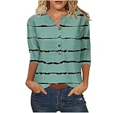 yiouyisheng Shirt 3/4 Arm Damen Oversize Bluse Oberteile Frühling Sommer Hemdbluse mit Buttons Damenblusen Dreiviertelärmel Gestreiftes Top mit 3/4-Ärmeln für D