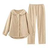 Generisch Schlafanzug Damen Winter, Warm 2-Teiliges Bademantel Elegant Baumwolle Pyjama Warmer Fleece Loungewear Knopfleiste Kuschelanzug Flanell Flauschig Homewear Frottee Hausanzug Set Teddy