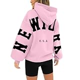 Damen-Kapuzenpullover mit langen Ärmeln, Buchstabenaufdruck, trendiger Grafik-Fleece, Kapuzen-Sweatshirt, Pullover mit Tasche, lockere Schulterpartie, adrette Kleidung, bequeme Oberbekleidung, Tunika,