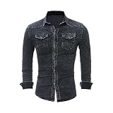 Herren-Sport-Top, enganliegend, langärmelig, lässig, einfarbig, Patchwork, Denim-Shirt für Herren, dickes T-Shirt, dunkelgrau, XL