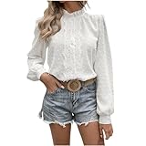 Pullover Damen Elegant Einfarbig Spitzenshirt Spitzen Oberteile Rüschen Rollkragen Langarmshirt Volant Ärmel Bluse mit Knöpfen Kurze Shirt Locker Pulli Frühling Sommer Tshirt Bequem Tops Damenp