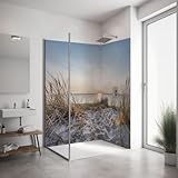 ORIGINAL PlateART Eck-Duschrückwand, 2 Platten à 90x200 cm, Wandverkleidung, Wandbild, Rückwand Alu-Dibond OHNE FUGEN, Fliesenersatz, Düne Sand Strand Sonnenuntergang - Made in Germany