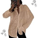 WINDEHAO Modisches Pailletten-Langarm-Umlegekragen, lässiges Hemd, elegante Pailletten-Glitzerbluse, glitzerndes Pailletten-Oberteil für Damen-Party, champagnerfarben, L