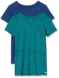 Amazon Essentials Damen Tech-Stretch-T-Shirt mit kurzen Ärmeln und Rundhalsausschnitt (Erhältlich in Übergröße), 2er-Pack, Blau/Blaugrün/Space-dye, XX-Larg