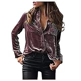 Samt Oberteil Damen Langarm, Bluse Damen Knopfleiste,Langarmshirt Hemd Regular Fit V Ausschnitt mit Taschen Hemdbluse Einfarbig Wildleder Oberteil Retro Blusen Herbst Winter für F