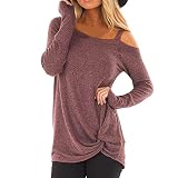 HOOUDO Damen Langarmshirt Rundhals Oberteile mit O-Ausschnitt und Knoten an der Seite Batik T Shirt (Khaki, S)