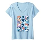 Damen The Smurfs Gargamel Little Smurfs Attention Kanji Big Logo T-Shirt mit V