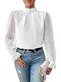 GORGLITTER Damen Blusen Elegant Mesh Oberteil Stehkragen Hemdbluse Langarmshirt mit Volant Ärmel Weiß L