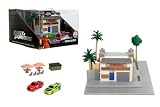 Jada Toys Fast and Furious Toretto's Market & Cafe (18x13 cm) - Nano-Diorama inkl. 2 Modellautos aus Metall (Mitsubishi Eclipse & Ford F-150 SVT Lightning), Fast and Furious Fanartikel ab 8 J