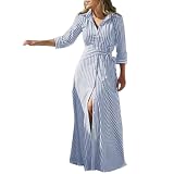 Maxikleider Damen Sommer Vintage Button Down Hemdkleider Mit Langen Ärmeln Mode Gestreift Lose Taille Krawatte Freizeitkleider Urlaub Reise Strand Dating Elegantes Strandkleid (Blue, XXXL)