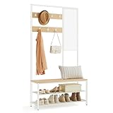 VASAGLE Kleiderständer, Garderobe, Garderobenständer mit Haken, Spiegel, Sitzbank, 35 x 98 x 180 cm, für Eingangsbereich, Schlafzimmer, Wohnzimmer, modern, eichenfarben-weiß HSR415W09