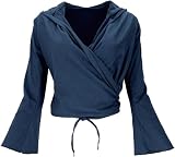 GURU SHOP Wickelshirt, Yogashirt, Langarmshirt mit Trompetenärmeln - Nachtblau, Damen, Baumwolle, Size:M
